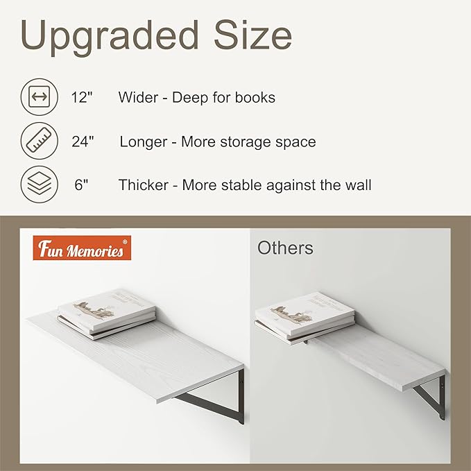 Deep Floating Shelves, 12 Inch Deep Floating Shelves for Wall, 24"W x 12"D Wall Shelves for Books, Rustic White Wooden Shelves, Large Wide Display Shelf for Bathroom, Living Room, Bedroom, Set of 2