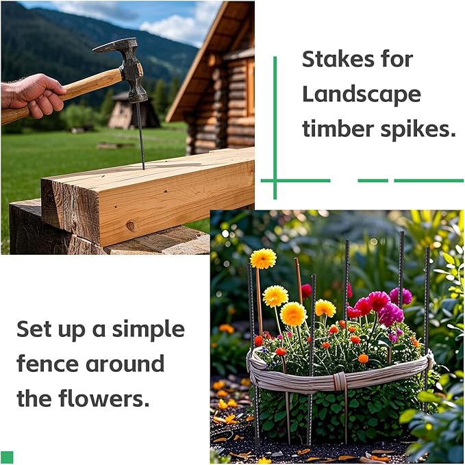 Rebar Stakes 16 Inch, 10 Pack Ground Stakes Heavy Duty with Chisel Point, Straight Metal Stakes for Concrete Form, Landscaping, Camping Tent or Timber, Black