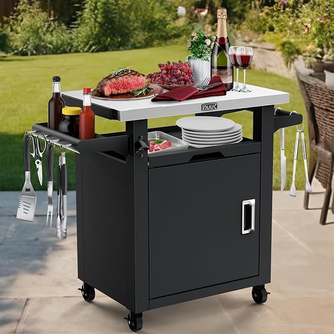 NUUK Grill Carts Outdoor with Enclosed Cabinet and Storage Drawer, Portable Patio Bar Cart with Wheels Stainless Steel Kitchen Storage Island 20" x 30" Rolling Prep Station for BBQ, Deck, Backyard