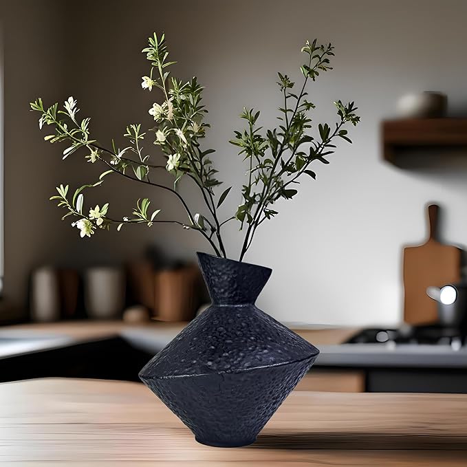 Cast Iron Decorative Vase, Dried Flower Rustic Vases, Wabi Sabi Vase for Modern Home Decor, Living Room, Shelf Decor, Enterway, Wedding, Office, Table, Bedroom, Kitchen, 8.86" H (Black)