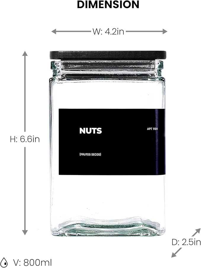 27 oz Glass Storage Jars with Bamboo Lid, set of 6, glass canisters with airtight lids, Clear jars with lids for Cookie, Candy, Tea, Coffee Bean and Rice, Black