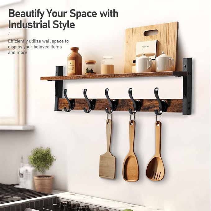 Tatub 29" Rustic Coat Rack Wall Mount with Shelf, Entryway Wall Hooks with Shelf, Coat Hangers for Bathroom, Living Room, Bedroom, Rustic Black