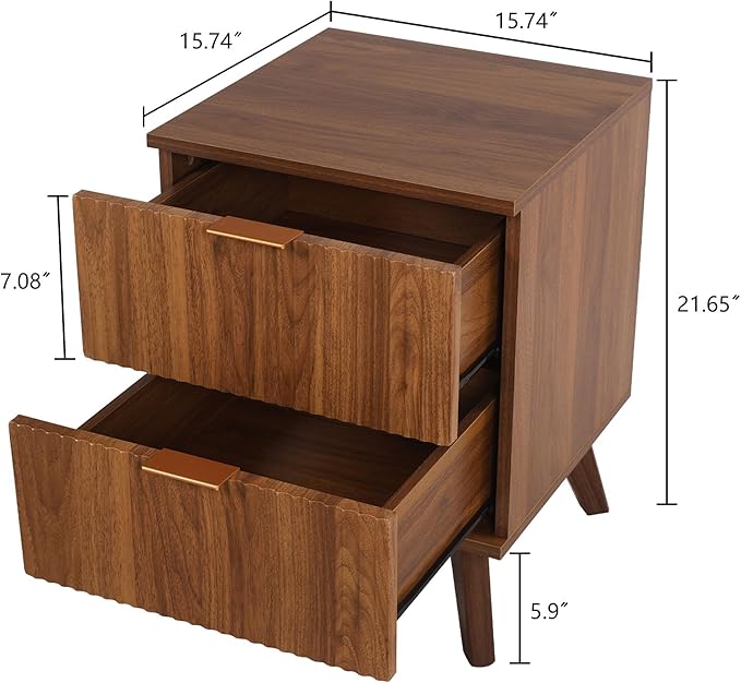 Fluted Nightstand, Mid Century Modern 2 Drawer Bedside Table for Bedroom, Small Dresser Night Stand Side End Table with Wood Fluted Drawer Storage for Bedroom Closet(Walnut)