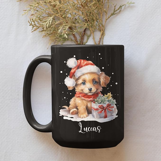 Personalized Name Christmas Puppy Cup - Novelty Coffee Mug 11oz 15oz, Customized Santa Hat Design, Custom Pet Owner Black Ceramic Cup, Gift for Christmas, Puppy Lover