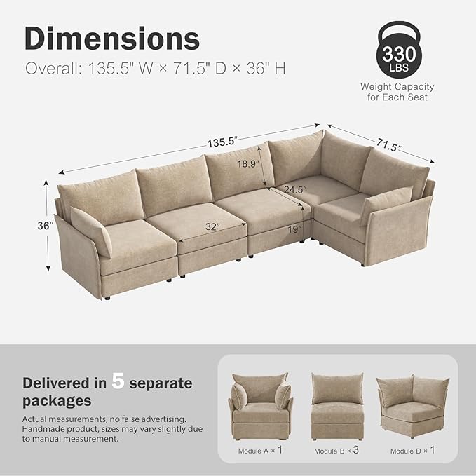 135.5" Oversized Modular Sectional Sofa, L Shaped Convertible Couch with Movable Ottoman, 5 Seat Corner Couches for Living Room Deep Seat Beige Chenille
