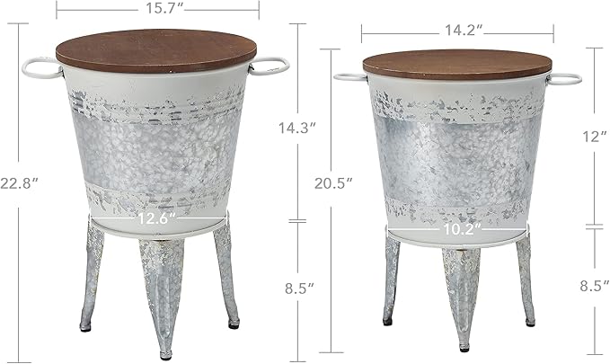 Rustic Storage Farmhouse Accent Side Table, Antique Galvanized Metal End Coffee Cocktail Table Box Bin with Round Wooden Lid Set of 2 (Distressed White)