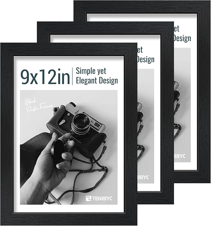9x12 Frame 3 Pack - Black Woodgrain, 9 x 12 Picture Frame with HD Tempered Glass, Table or Wall Display
