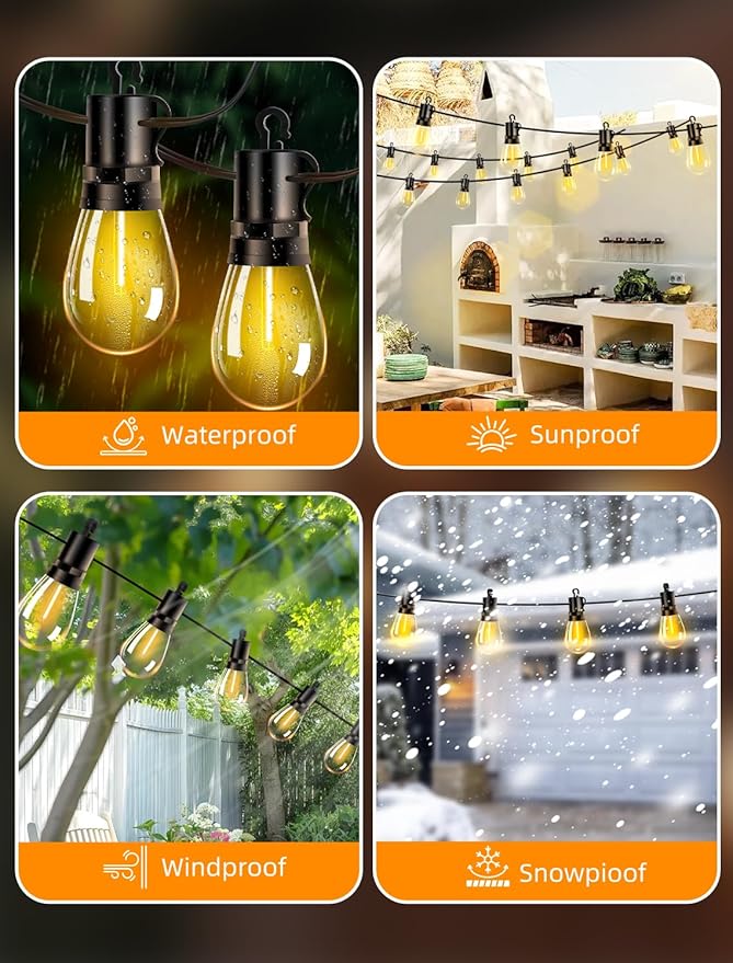 Outdoor Patio String Lights: S14 Shatterproof Bulb Outside Waterproof Light - 50Ft 15M Remote Dimmable Connectable Hanging Outdoor Electric Lighting - Garden Backyard Yard Gazebo Porch Party