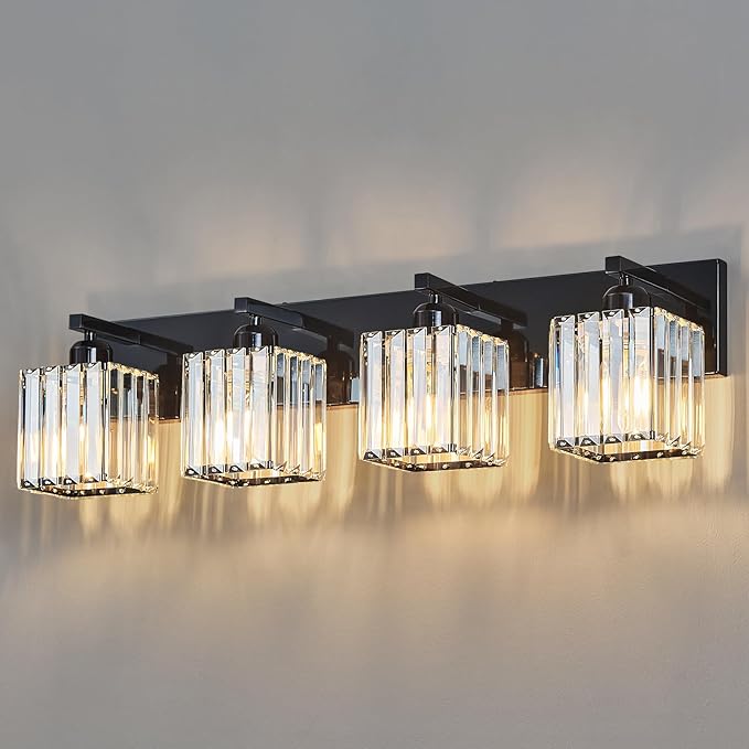 Modern Bathroom Vanity Light 4-Lights Plating Black Crystal Bathroom Wall Light Vanity Light Fixtures
