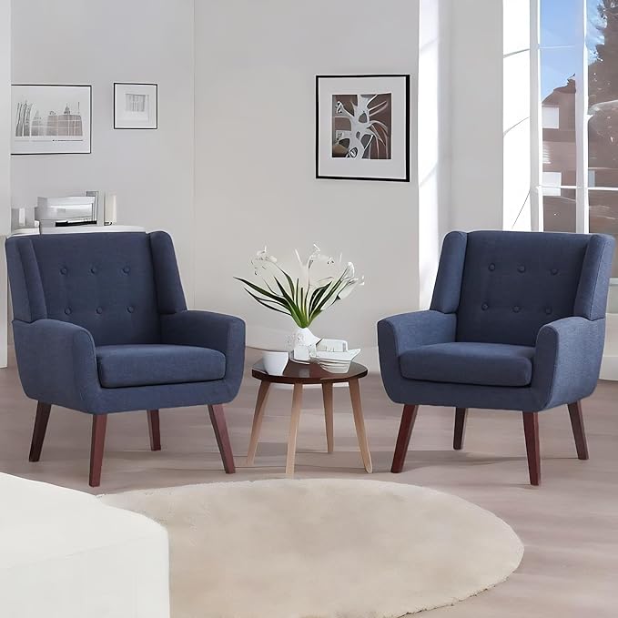 HUIMO Button-Tufted Accent Chairs Set of 2,Upholstered Reading Living Room Chair,Mid Century Modern Chair with Linen Fabric, Club Chair,Comfy Arm Chairs for Living Room,Bedroom,Dark Blue
