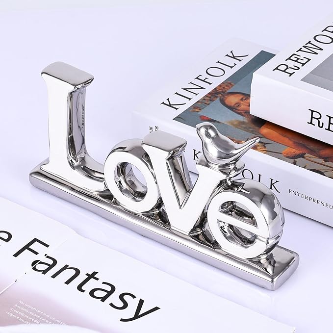Love Sign Decoration,White and Silver Love Signs for Home Decor Statue,Bird Sculpture Personalized Love Decor,Chrome Style Figurine Decorative Ornaments for Living Room,Bedroom (2 Pcs, White+Silver)