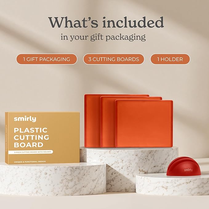 SMIRLY Plastic Cutting Board Set with Holder 3 Pieces, Non-Slip Dishwasher Safe Chopping Boards for Kitchen, Orange