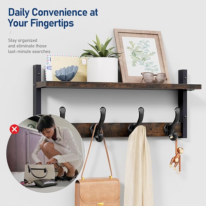 Tatub 20" Rustic Coat Rack Wall Mount with Shelf, Wall Hooks with Shelf, Heavy Duty Entryway Organizer Hangers for Hanging, Hat, Bag, Jacket for Bathroom, Living Room, Bedroom, Rustic Brown