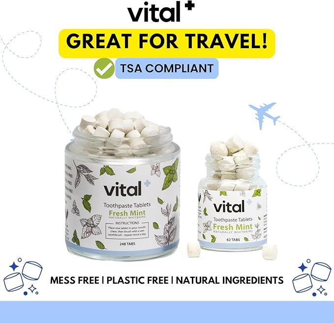 Vital Toothpaste Tabs with 7% Nano-Hydroxyapatite | Naturally Whitens + Remineralizes Teeth | Fluoride & Plastic Free | Combats Sensitivity | Travel & Eco Friendly | Fresh Mint | 248 Tablets (4 Month)