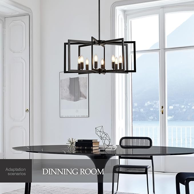 Modern Farmhouse Black Chandeliers for Dining Room, 8-Light Industrial Metal Chandeliers Geometric Pendant Lights Kitchen Island for Entryway Stairway Foyer Hallway