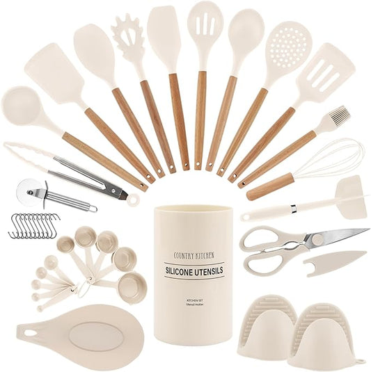 Country Kitchen Non Stick Silicone Utensil Set with Rounded Wood Handles for Cooking and Baking, 38 Piece Set, Khaki
