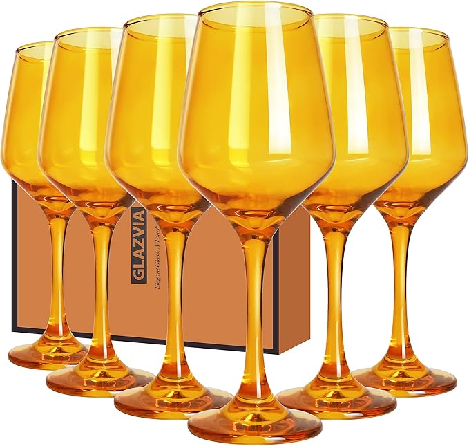Amber Wine Glasses Set of 6-14oz Long Stem Wine Glass, Pretty Crystal Glassware, Hand Blown Goblets Drinkware, Unique Stemware Wine Glass Holiday Gift Set