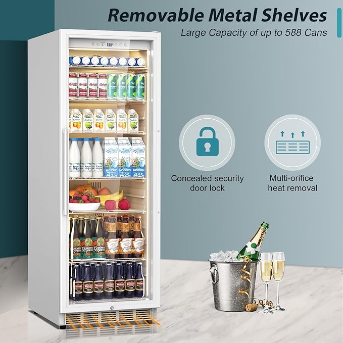 Tylza 13.8 Cu Ft Commercial Refrigerator with Glass Door Display Beverage Fridge, Upright Beverage Cooler Merchandiser, Low Noise, Fast Cooling, White