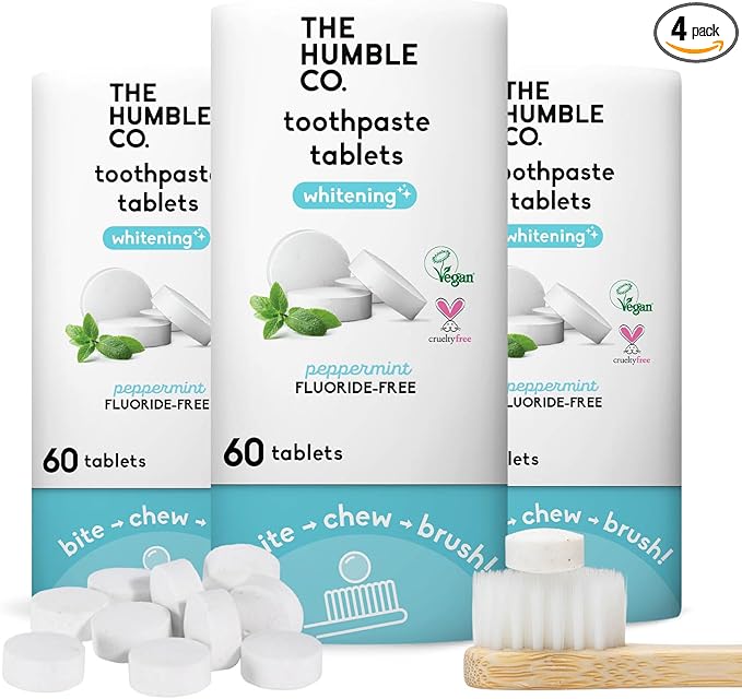 The Humble Co. Whitening Toothpaste Tablets – Fluoride Free Toothpaste Whitening Tablets, Dentist Developed Formula, Vegan, SLS Free, Plastic Free (Peppermint, 2 PK)