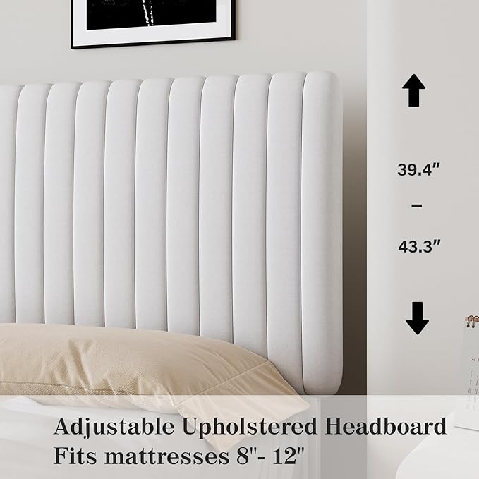 Queen Size Bed Frame with Headboard, Velvet Upholstered Platform Bed with Vertical Channel Tufted Design, No Box Spring Required, Easy Assembly, White