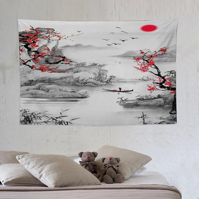 Cherry Blossoms Tapestry, Japanese Red Landscape Watercolor Abstract Art, Asian Japanese Wall Tapestry, Nature Landscape Tapestries for Bedroom Living Room Decor 60"x40"