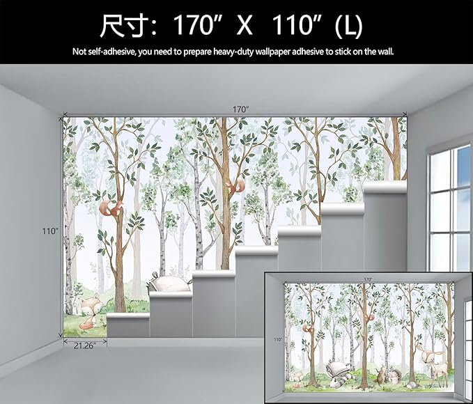 WFBHUA-Kids Wallpaper Watercolor Forest Cartoon Animals Wall Murals Suitable for Nursery Boys Girls Bedroom Room (Not Peel and Stick)