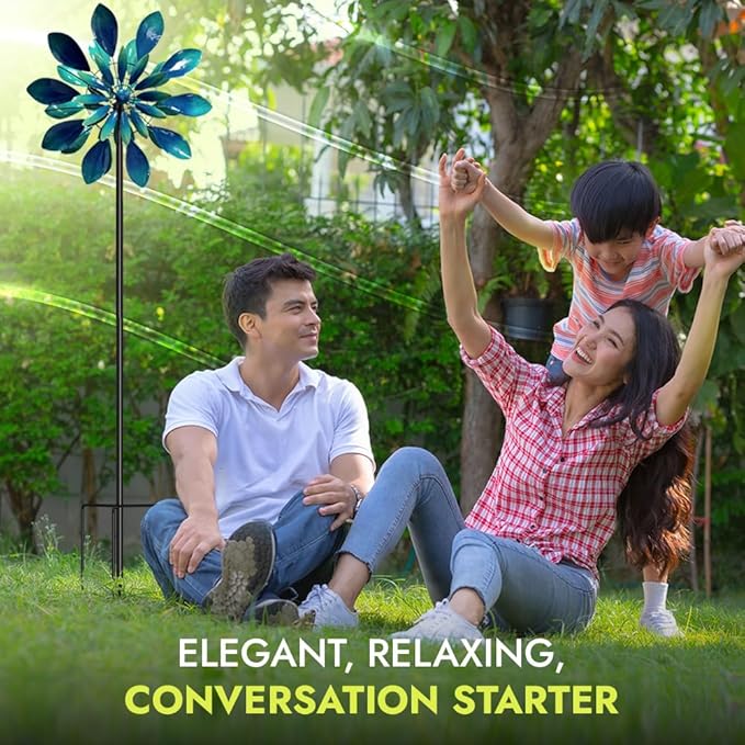 Large Wind Spinners - Decorative Garden Whirligigs - Durable Metal Flower Art - Ideal for Yard Decor and Gifts - Outdoor Accessories - Designed for Patios & Landscapes Blue 24"W x 84"H