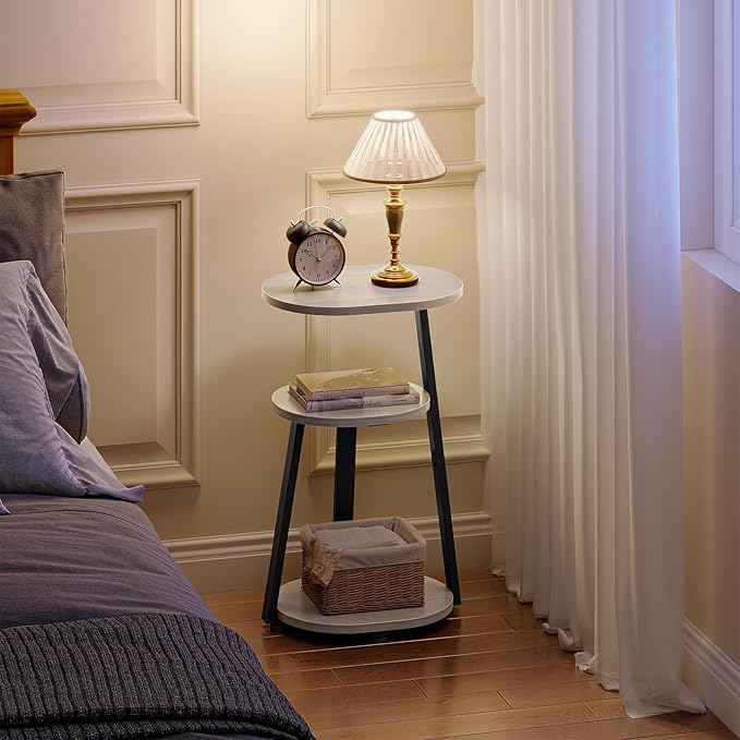 Side Table, Small End Table with Metal Frame, 3-Tier Bedside Tables, Round Side Tables for Living Room Bedroom Couch Bathroom, Oval, White Maple