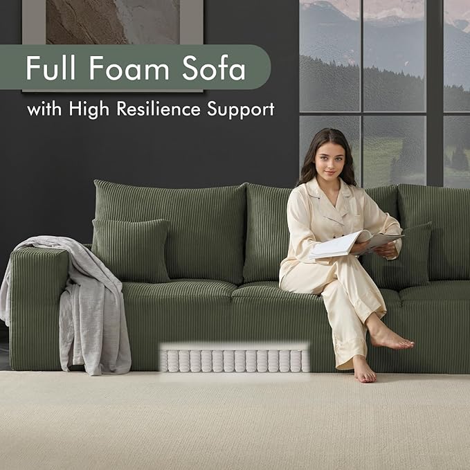 Boneless Cloud Couch Sofa for Living Room, 112" 3 Seater Green Modern Lounge Sleeper Couch, No Assemble, Cordury Compression Upholstered Couches