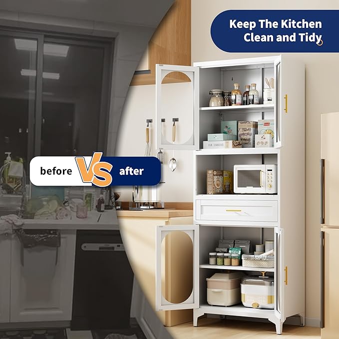 75” Tall Kitchen Pantry Storage Cabinet, Metal Storage Cabinet with 1 Drawer and Adjustable Shelves, Kitchen Pantry Cupboard, Freestanding Cupboard for Bathroom, Living Room (White-Glass Door)