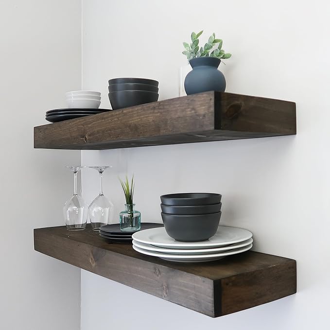 Modern Floating Shelves 3 Inches Thick for Wall, Wide Shelves for Kitchen, Living Room, Bedroom, and Bathroom, Natural Pine Wood, Rustic Wooden Shelf, (Set of 2) (Jacobean, 36Lx3Hx6D)