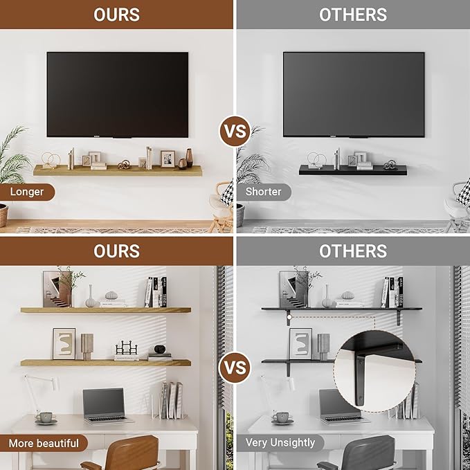 Heimlove 55 Inch Long Floating Shelves for Wall,9.3" Deep Oak Floating Shelves Set of 2,Large Display Shelf & Storage Shelf,Wall Mounted Shelves for Bedroom Living Room Kitchen Office