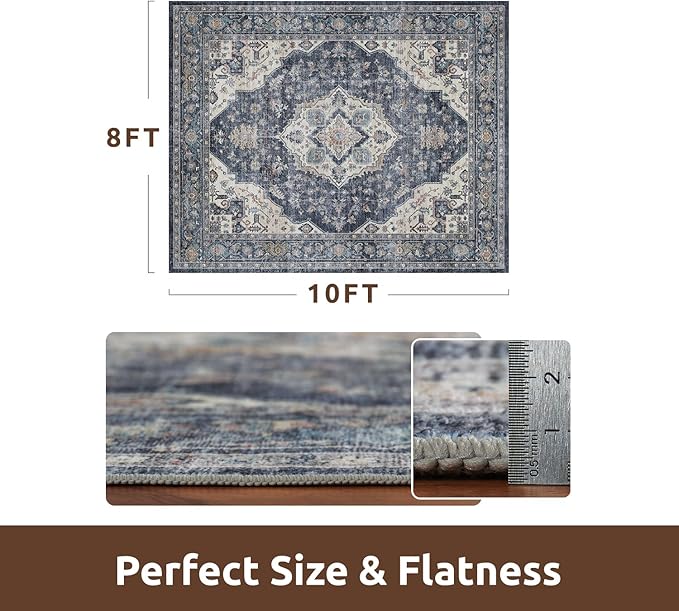 AMOAMI-Area Rug 8X10 Rugs for Living Room-Vintage Soft Blue Rugs for Bedroom-Non Slip Carpet-Washable Rug for Dining Room Living Room Bedroom Office Under Table