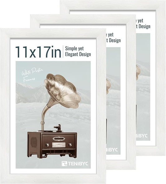 11x17 Picture Frame 3 Pack - White Woodgrain, Solid Wood & HD Tempered Glass, Wall Gallery Poster Frame