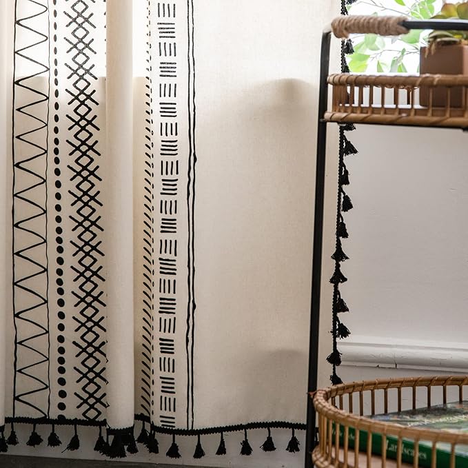 Sutuo Home Boho Curtain 84 Inches Length for Bedroom, Printed Cotton Linen Geometry Rod Pocket Chic Semi Blackout Bohemian Tassels Window Treatment for Living Room, 1 Panel 59" W x 84" L, Black