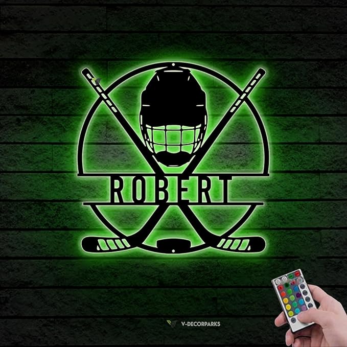 Hockey LED Metal Wall Art – Sports Custom Name Sign Light Up with Helmet and Sticks, Ice Hockey Room Decor for Players, Fans, Coaches
