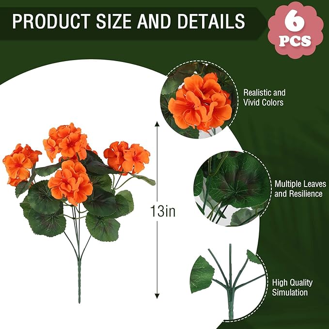 Hananona 6 Bundles Artificial Geranium Flowers for Outdoors Orange Silk Geranium Flowers Outdoor UV Resistant Plants Faux Fall Flower for Home Kitchen Autumn Table Centerpieces Decor (6, Orange)