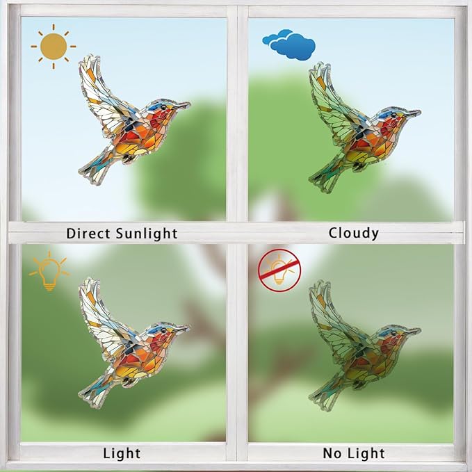 12pcs Window Decals for Bird Strikes, Anti Collision Window Clings, Rainbow Reflection Window Sticker, Hummingbird Style Sun Catcher Stickers for Glass Windows