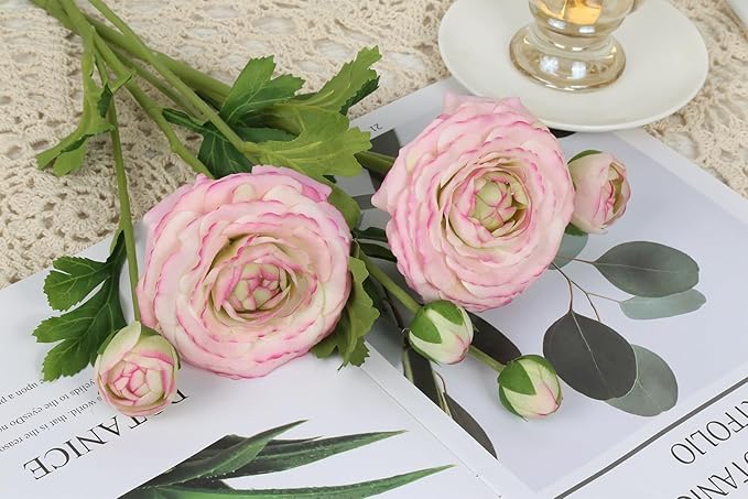 IPOPU 4PCS Real Touch Purple Ranunculus Artificial Flowers Faux Ranunculus Flowers for Vase Real Look Silk Peonies Fake Peony Flowers for Home Indoor Wedding Centerpieces for Table Decor (Purple Edge)