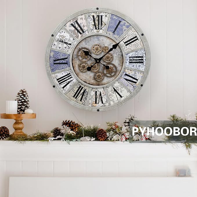 Unique Moving Gear Large Wall Clock 21inch-Battery Powered. Retro Industrial Steampunk Country Farmhouse Decor for The Living Room Kitchen Bars cafes Offices(whith/metal/21)