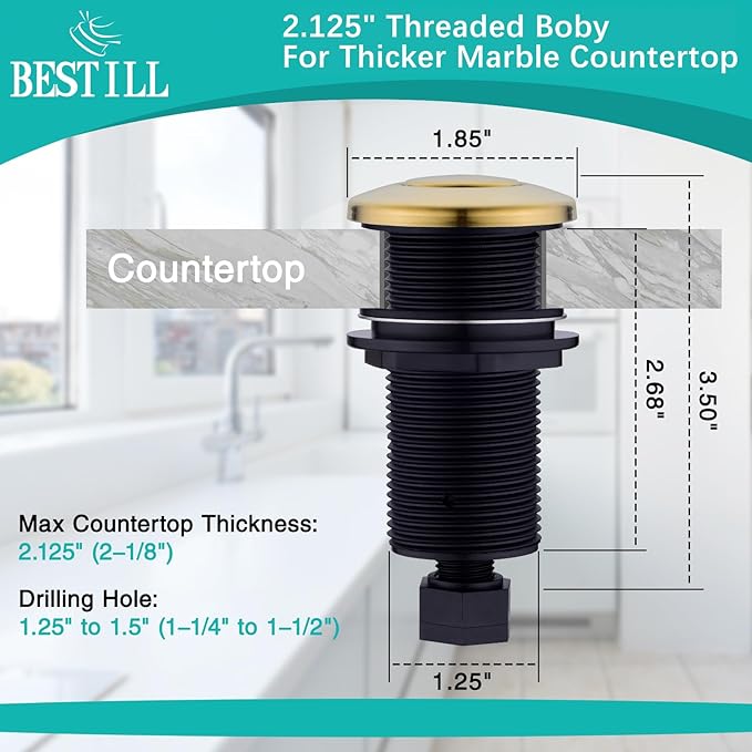 BESTILL Garbage Disposal Button, UL Listed, Cordless Sink Top Air Switch Kit for Waste Disposal, 3.6" Long Push Button with Brass Cover, Brushed Titanium Gold/Brushed Brass