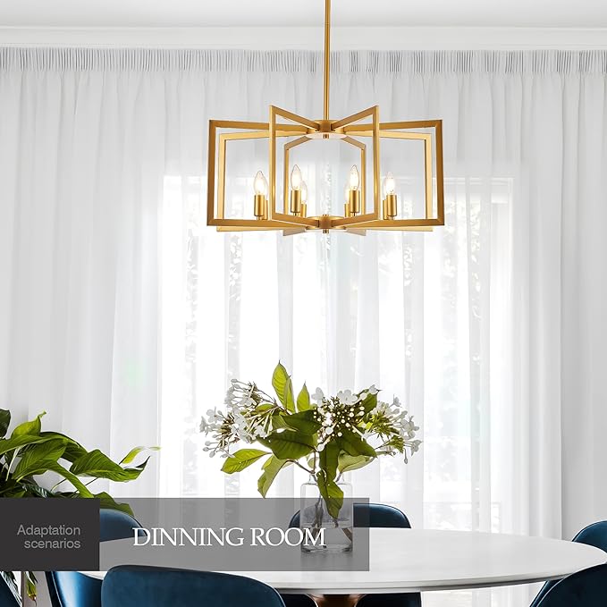 Modern Farmhouse Gold Chandeliers for Dining Room, 8-Light Industrial Metal Chandeliers Geometric Pendant Lights Kitchen Island for Entryway Stairway Foyer Hallway
