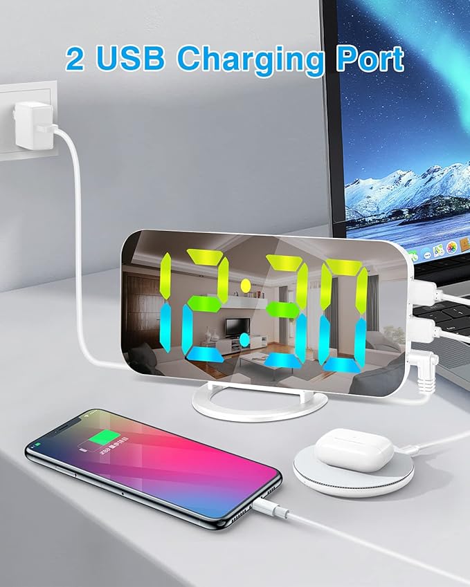 SZELAM Digital Alarm Clock,LED RGB Colorful Clocks,with Mirror Surface Large Display,2 USB Charger Ports,Auto Dimming,Modern Desk Clock for Bedroom Home Office Decor- White