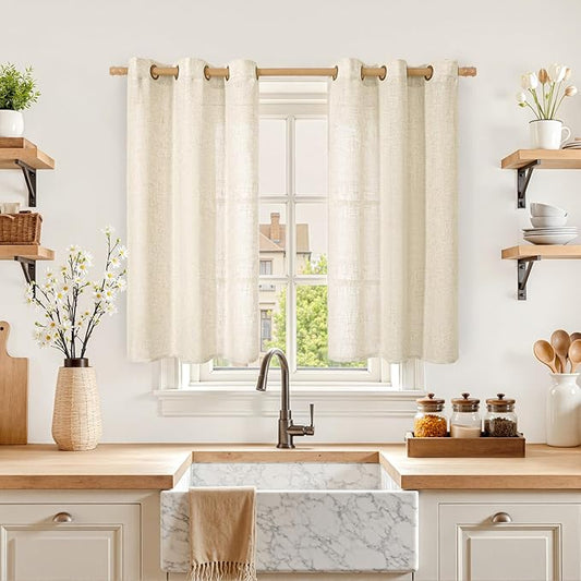 LAMIT Short Linen Curtains 40 inches Long for Small Window, Bronze Grommet Linen Drapes Light Filtering Sheer Window Curtains for Kitchen, Set of 2 Panels (34 x 40 Inch, Beige)