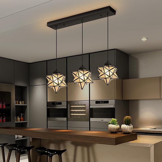 Modern Frosted White Glass Chandelier Dining Room Farmhouse Star Pendants Lights for Kitchen Island LED Ceiling Hanging Lighting Included Warm Light Bulbs Black