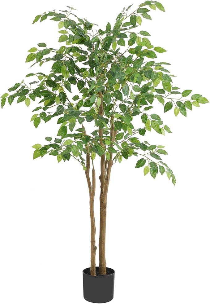 Tall UV Resistant Ficus Tree Artificial，4ft(48in) Faux Ficus Tree with Realistic Smooth and Shiny Leaves， Fake Trees Indoor Outdoor for Home Office Living Room Bedroom Foyer Porch Decor.