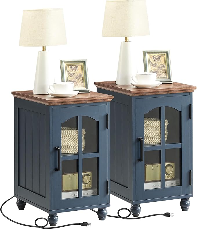 Narrow Side Table Set of 2,Farmhouse Nightstand with Charging Station,End Table with Glass Barn Door Storage, Cabinet Organizer with Adjustable Shelf, Night Stand for Small Spaces Living Room Bedroom