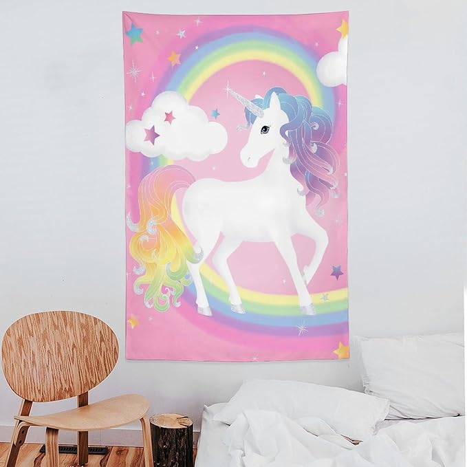 yowecso Unicorn Tapestry Rainbow Wall Hanging for Bedroom, Pink Unicorn Tapestries Aesthetic Wall Decor for Home, Dorm, Living Room - 60"x90"