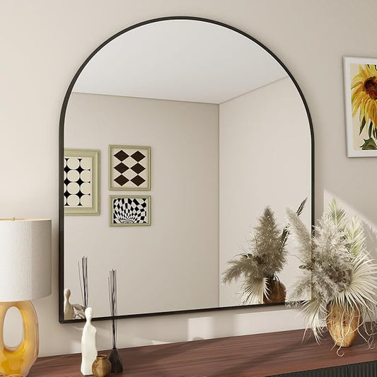 BEAUTYPEAK 32"x34" Arch Bathroom Mirror, Wall Mounted Vanity Metal Frame Mirror for Bedroom, Entryway, Living Room, Black