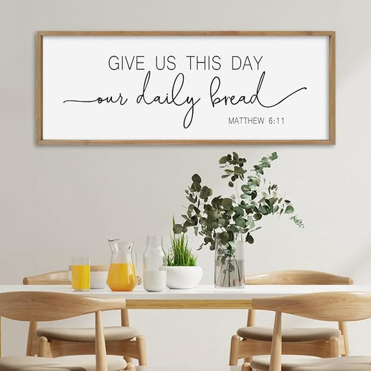 SRSZHIYUE Give Us This Day Our Daily Bread Sign Wall Decor Art 32"×12" Matthew 6:11 Dining Room Kitchen Large Wood Framed Wall Hanging (Wood)